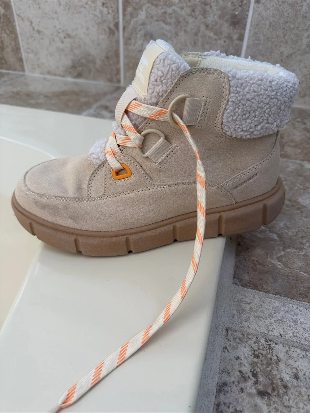 Sorel Cream Suede Sherpa Lace-Up Boots with Peach-Striped Laces